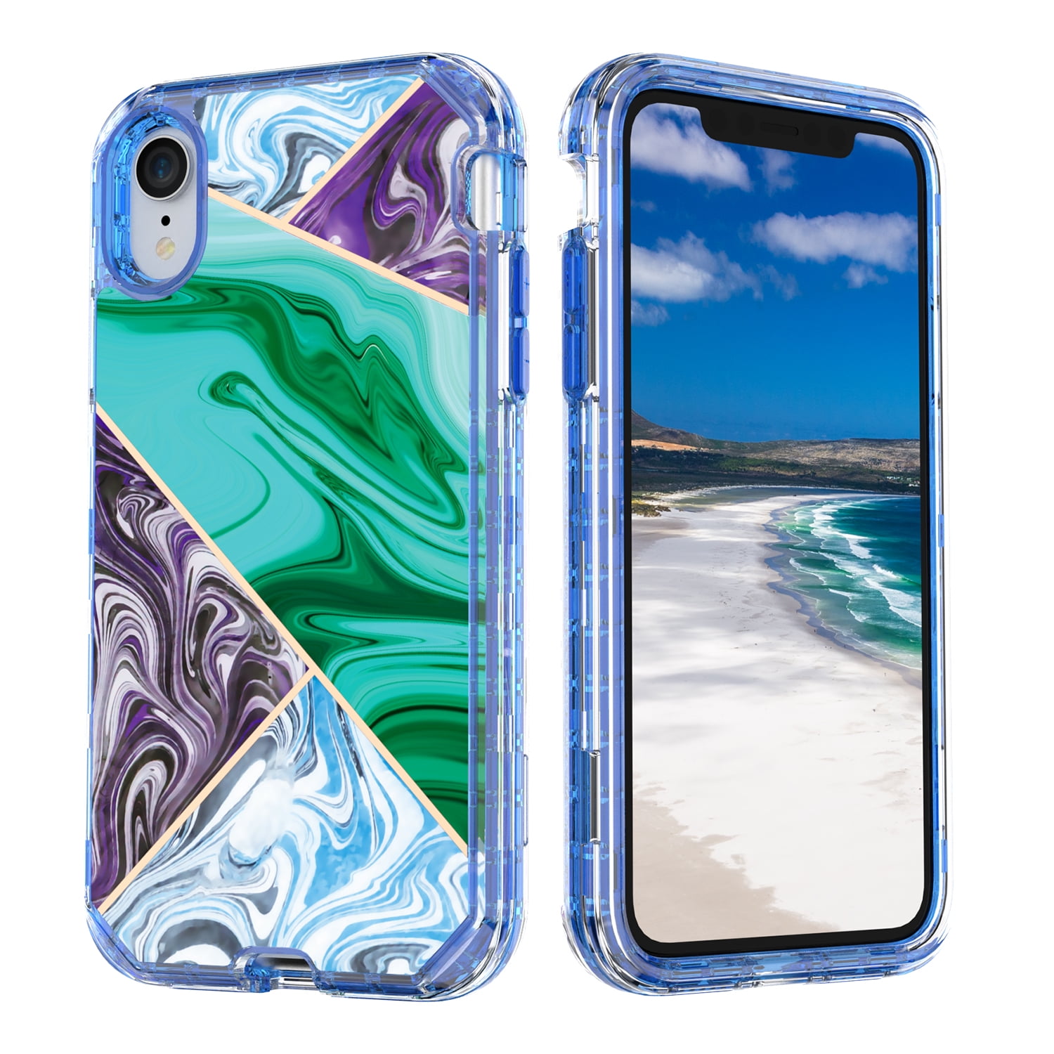 Casetego for iPhone XR Case 6.1",Shiny Bling Marble Full Body Protective Support Wireless Charing Bumper Rugged Anti-Scratch Hybrid Rubber Case Cover,Purple Green
