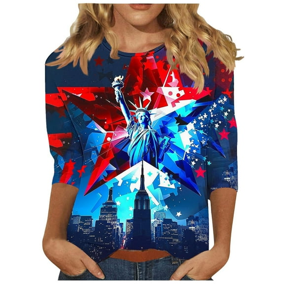 GERsome 4th of July Tops for Women Casual 3/4 Sleeve Crew Neck Patriotic American Flag T Shirts Loose Fit Blouses Summer Tees S-3XL