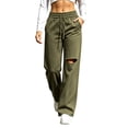 thumbnail image 2 of Women's Wide Leg Sweatpants Drawstring Distressed Hole Design Straight Style Side Pockets Loose Streetwear Casual Athletic Trousers, Sweatpants Y2K Army Green S, 2 of 6