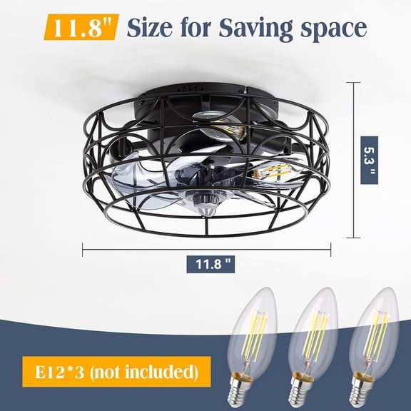 Black Industrial Ceiling Fan with Light and Remote, 6-Speed Bladeless Flush Mount Fixture for Bedroom Kitchen