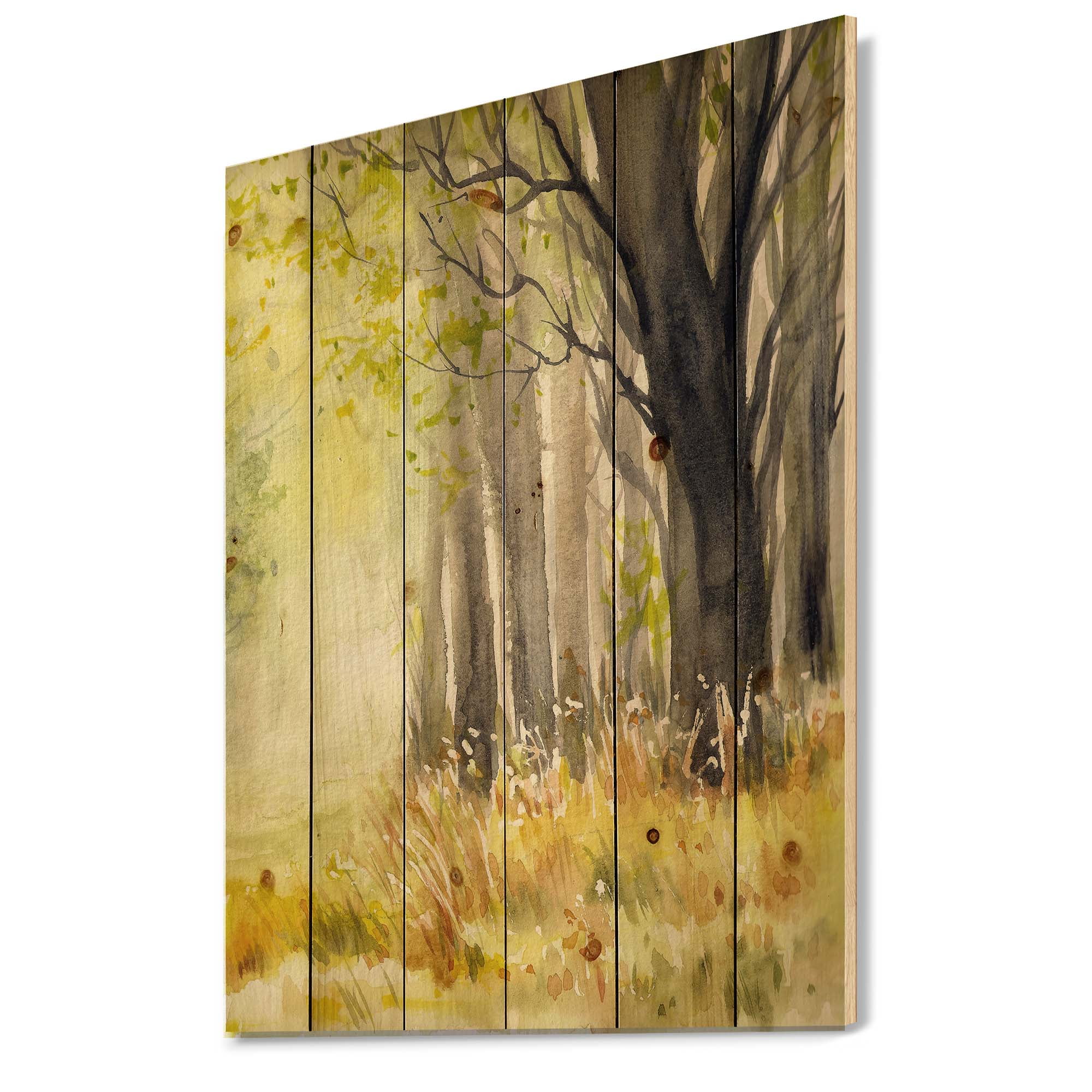 Designart 'Bright Sunshine Through The Yellow Forest Trees II' Traditional Print on Natural Pine Wood