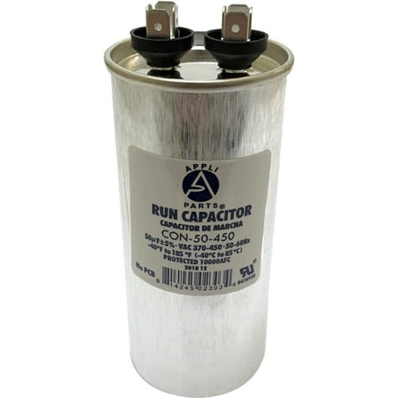 

Appli Parts Run Capacitor For Ac 50 Mfd Uf (Microfarads) 370 VAC Or 450 VAC CBB65 Round Universal Fit For Hvac And Other Applications 4-3/4 In High 2 In Wide CON-50-450