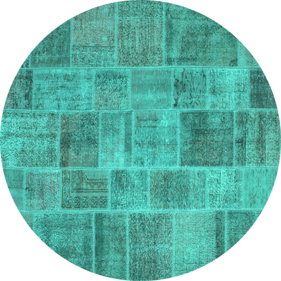 Ahgly Company Machine Washable Indoor Round Patchwork Turquoise Blue Transitional Area Rugs, 4' Round