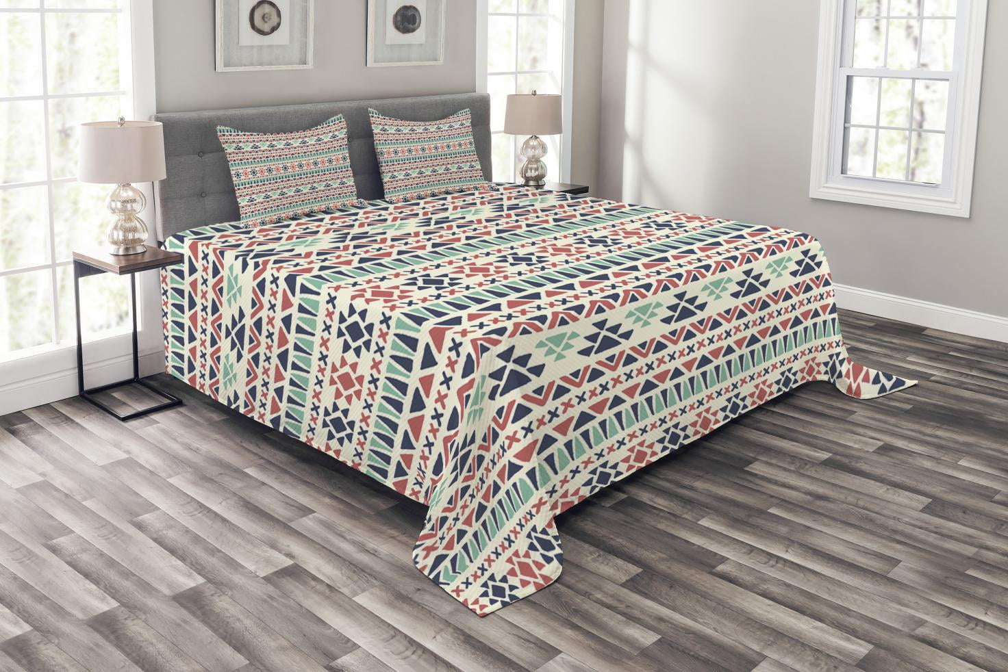 Tribal Bedspread Set Queen Size, Aztec Antique Design Ethnic Earth