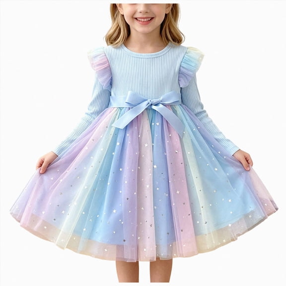 UAYOTSE Girls Long Sleeve Rainbow Tulle Dress 2 3 4 5 6 Years Rib Knit Top Sequin Star Mesh Skirt With Bow Decor for Birthday Party