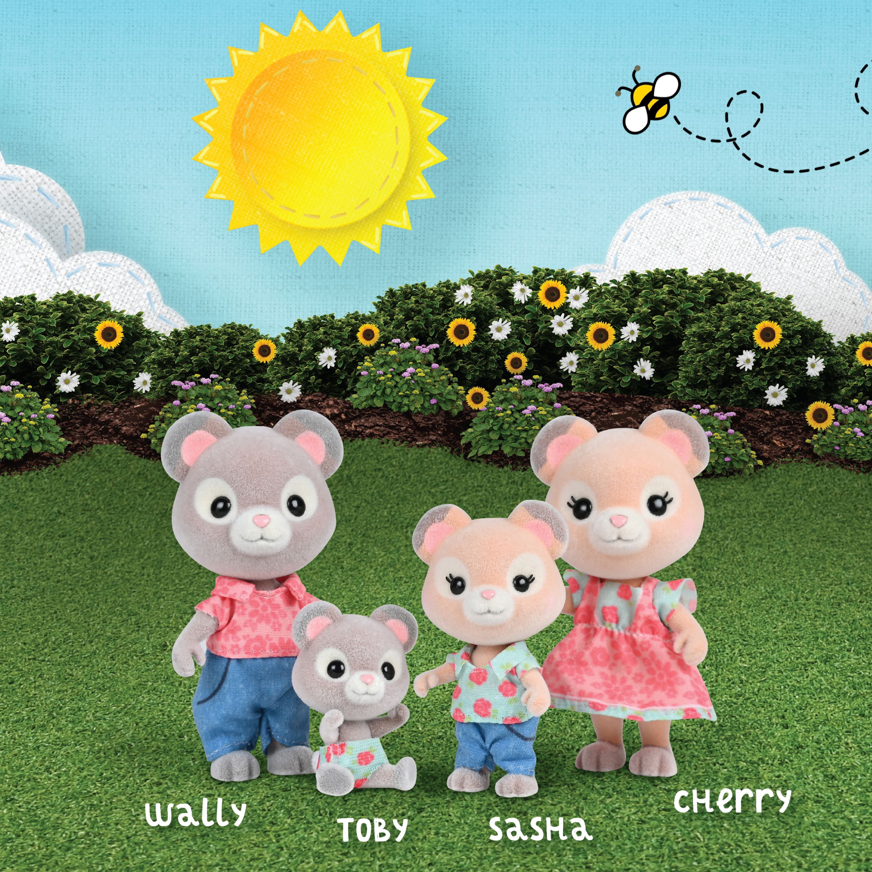 Honey Bee Acres Cuddlesworths Bear Family – Includes 4 Miniature Flocked Animal Figures with Removable Outfits – Dolls for Kids Ages 3+