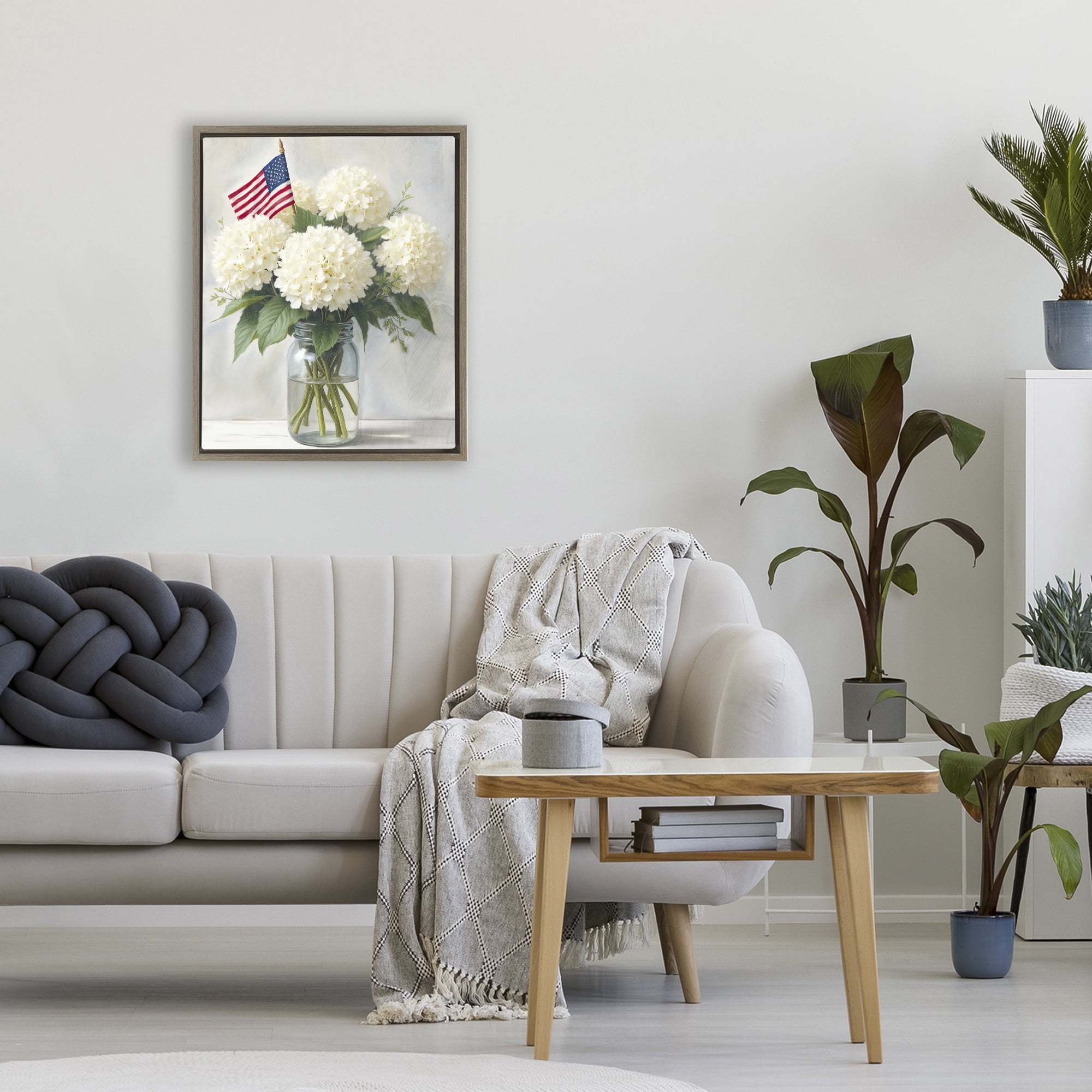 Stupell Industries Festive Patriotic Hydrangea Brown Framed Floater Canvas Wall Art, design by Kim Allen