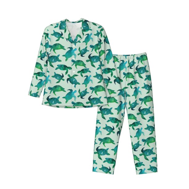 Fotbe Green Sea Turtle Pijama de Hombre con Estampado de Manga Larga, Conjunto de 2 Piezas, Ropa de Dormir Suave y Cómoda con Bolsillos-X-Large