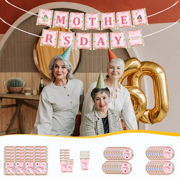 Disposable Party Supplies Set for Mother's Day Celebration with Paper Plates, Cups, Cutlery, Tablecloths & Streamers, Colorful & Coordinated Decor ,for Family Gatherings & Themed Birthday Parties