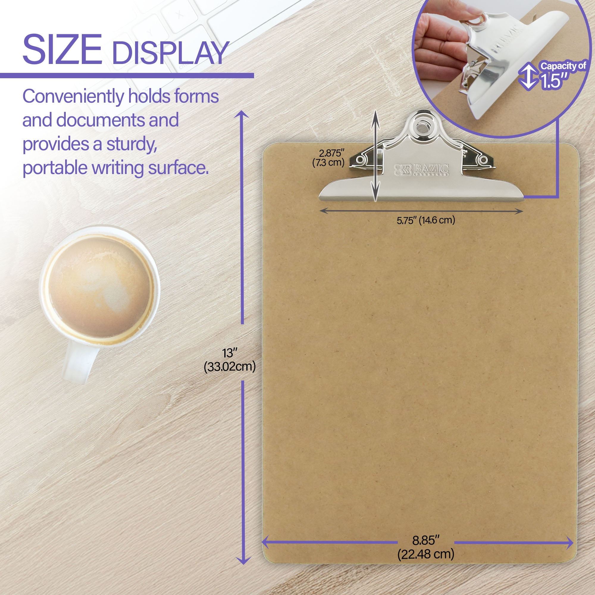 BAZIC Wood Clipboard 12.5" x 9" Sturdy Spring Clip Hardboard, 4-Pack