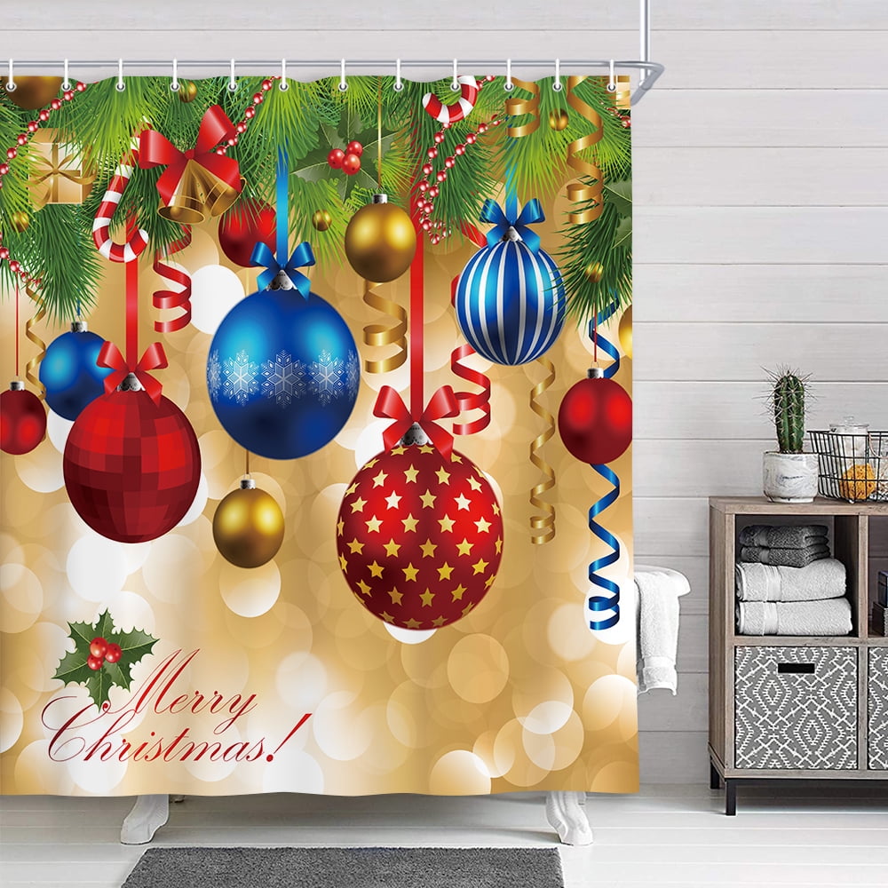 72X72" Colorful Christmas Ball Shower Curtain Liner Waterproof Bathroom Hooks 