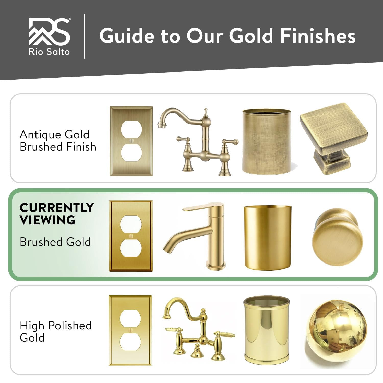 Rio Salto BRASS Signature Collection Metal Rocker Decorator Gold Light Switch Wall Plate or Outlet Cover Wall Plate 5-Pack Single Receptacle Wallplate Covers 1 Gang Receptacle Standard Size