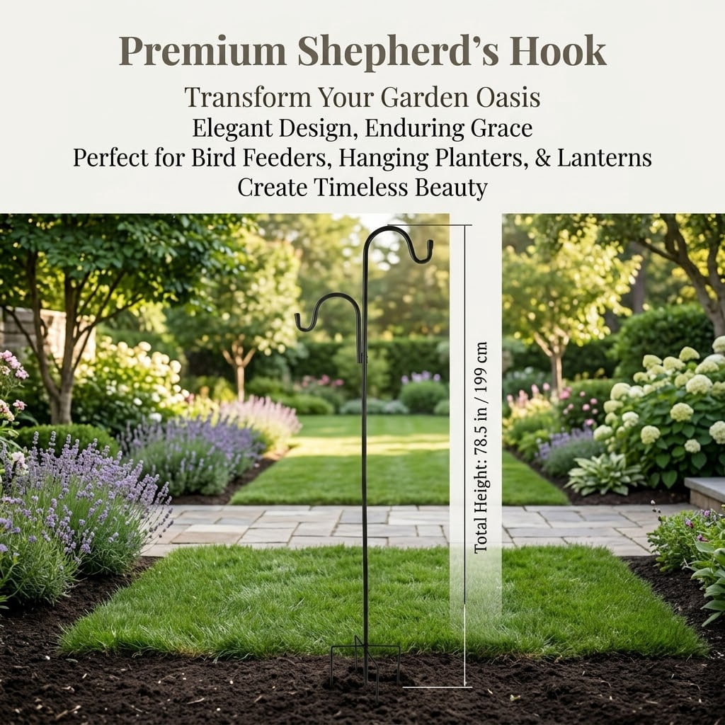 Double Shepherds Hooks for Outdoor,  2 Pack 78 Inch Bird Feeder Pole with 5 Prongs Base, Heavy Duty Garden Hook for Hanging Plant, Lantern, Hummingbird Feeder