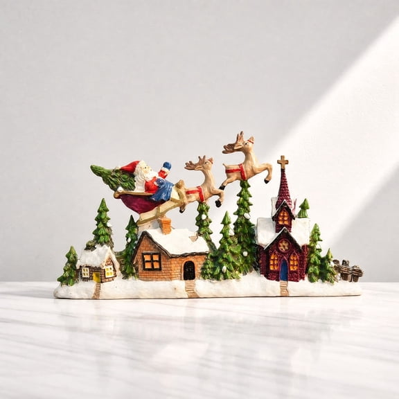 Feledorashia Santa Reindeer Figurine, Christmas Village Ornament, Miniature Sleigh Scene for Mantel Shelf Tabletop or Holiday Display, Santa and Reindeer Figurine for Mantels and Shelves