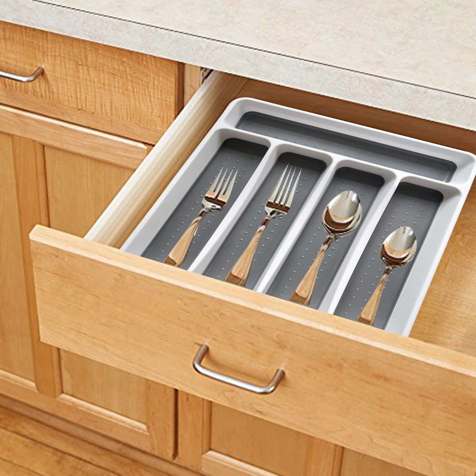 5-Compartment Cutlery Drawer Organizer Tray - Plastic Utensil Storage Solution for Spoons, Forks and Kitchen Tools - Grey