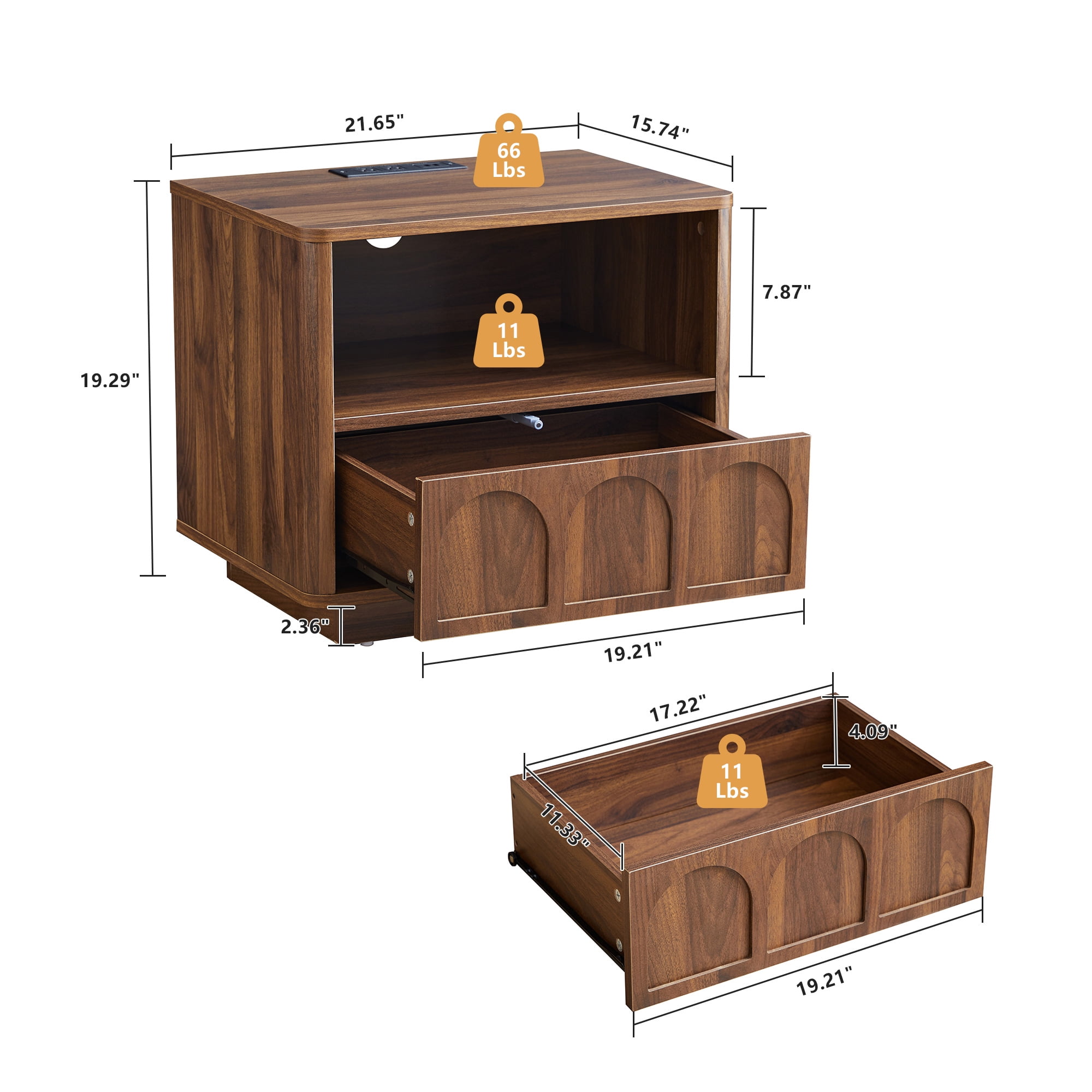 Wirrytor Modern Nightstand with Charging Station and Storage Drawers, Fluted Bedside Table for Bedroom Furniture, End Table with Large Open Shelf for Living Room Sofa, Brown