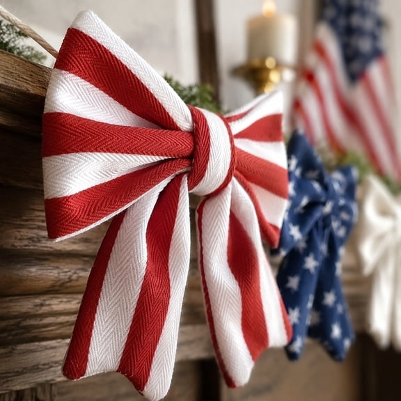 4th of July Velvet Bow Garland Red White Blue Pre Strung Hanging Decoration Washable Reusable for Independence Day Home Mantel Party Decor (Multicolor)