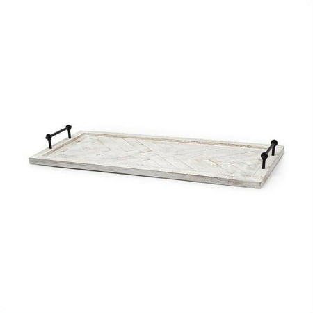

HomeRoots 376044 Whitewashed Tone Wood with Herringbone Pattern with Metal Raised Edges Tray
