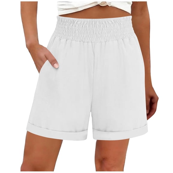 BLVB Women Elastic Waist Shorts Wide Leg High Waist Summer Casual Bermuda Beach Shorts with Pockets