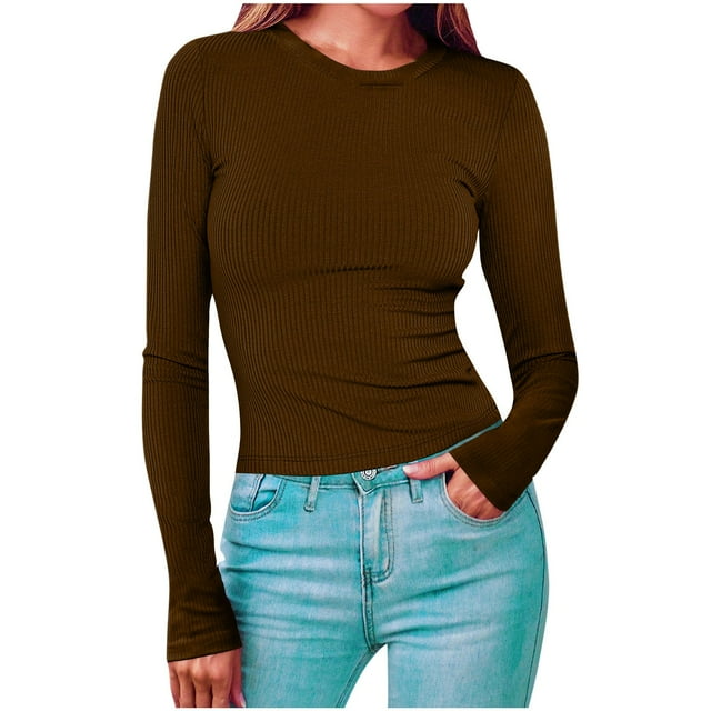 Dagugfen Chandails pour Femmes Manches Longues Col Rond Côtelé Ajusté Tricoté Couche de Base Confortable Hauts Thermiques Décontractés