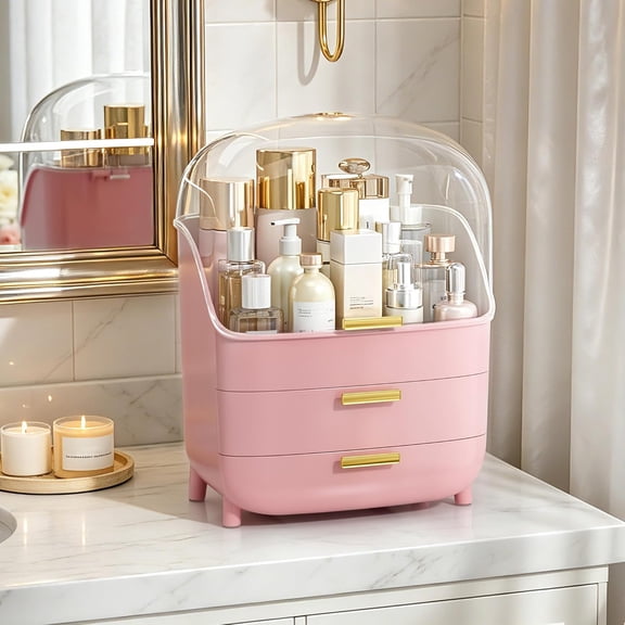 3-Tier Skincare Makeup Organizer with Drawers and Lid for Vanity and Bathroom Countertop, Large Cosmetic Storage Box Case for Dresser, with Non-Slip Base, Pink