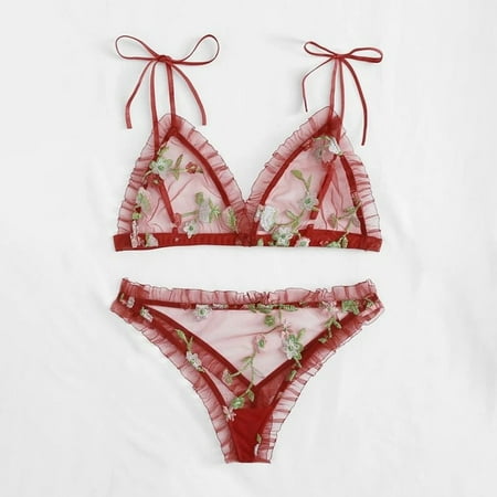 

YIWEI Womens Floral Lace Bra Set See Through Thin Underwear Lingerie And Panties Set Wine Red L