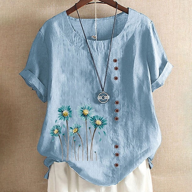 ICHUANYI Clearance Women's Summer Casual Round Neck Short Sleeve Flower Printing Loose Shirt Tops(Blue, S) ICHUANYI WER2023080908759