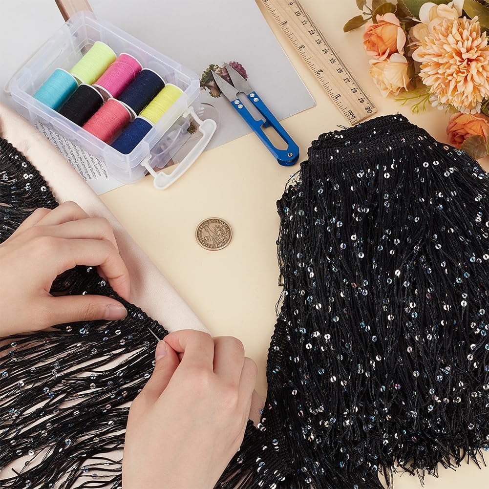5M Paillette Tassel Polyester Ribbon Trim Clothes Accessories Black 7-7/8 inch(200mm) about 5.47 Yards(5m)/Bag