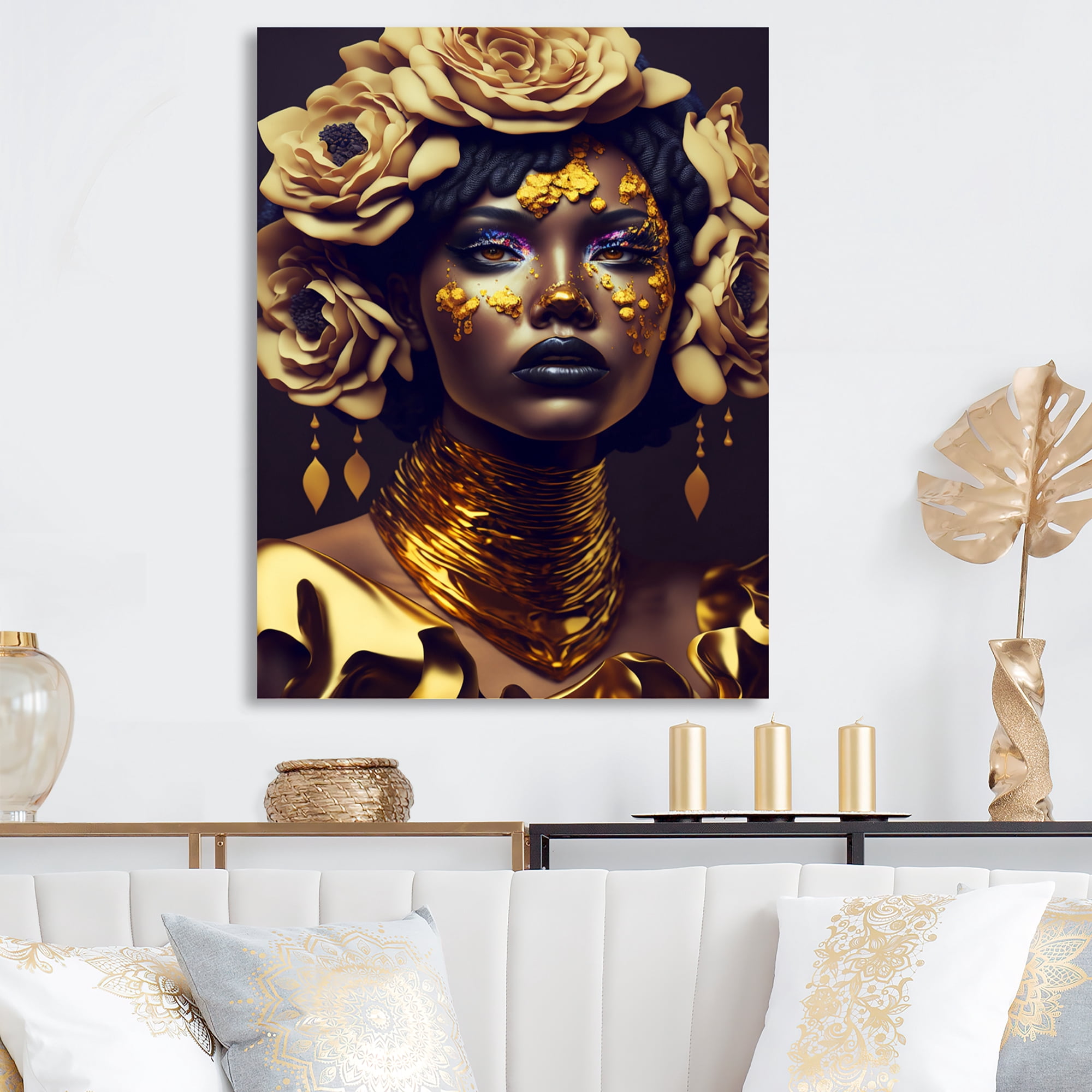 Designart Gold And Black Floral Woman IX Canvas Wall Art