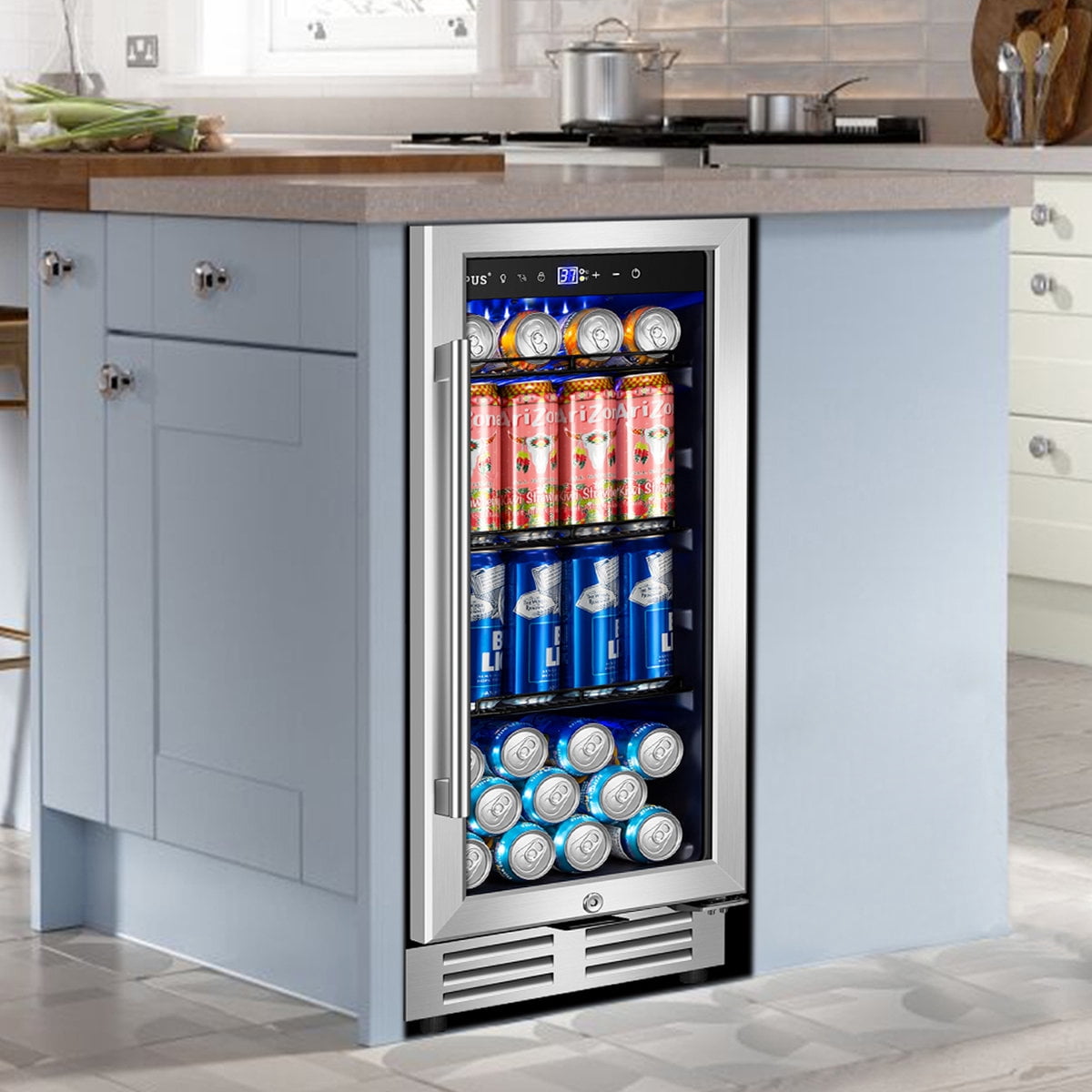15 Inch Built-in/Freestanding Beverage Refrigerator Cooler 130 Can Beer Cooler Mini Beer Drink Fridge with Glass Door and Lock Under Counter Classic Series