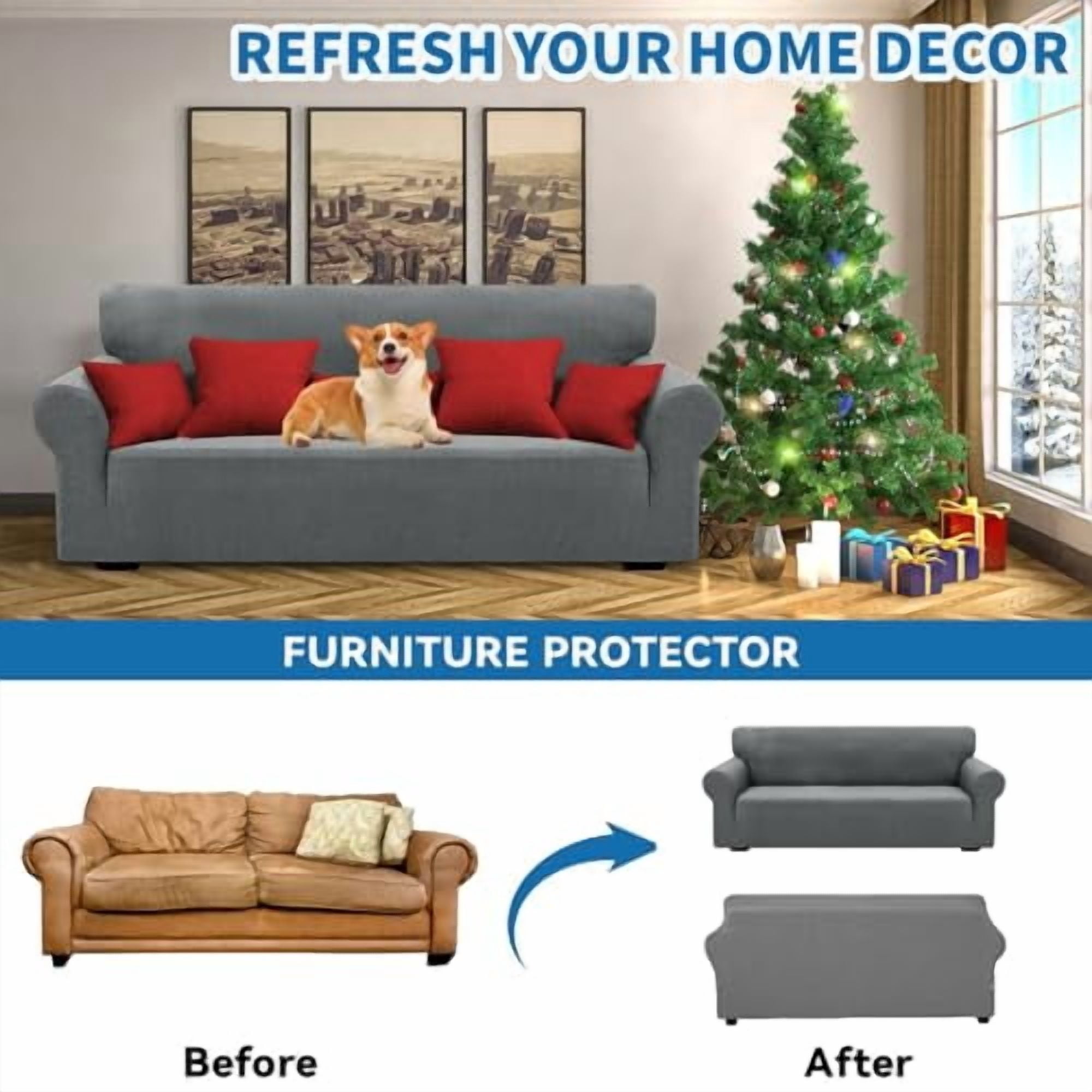 1-Piece Stretch Sofa Cover for 3-Cushion Couch (79-91 Inches), Pet Friendly Washable Furniture Protector with Elastic Bottom, Soft Light Gray Slipcover for Living Room