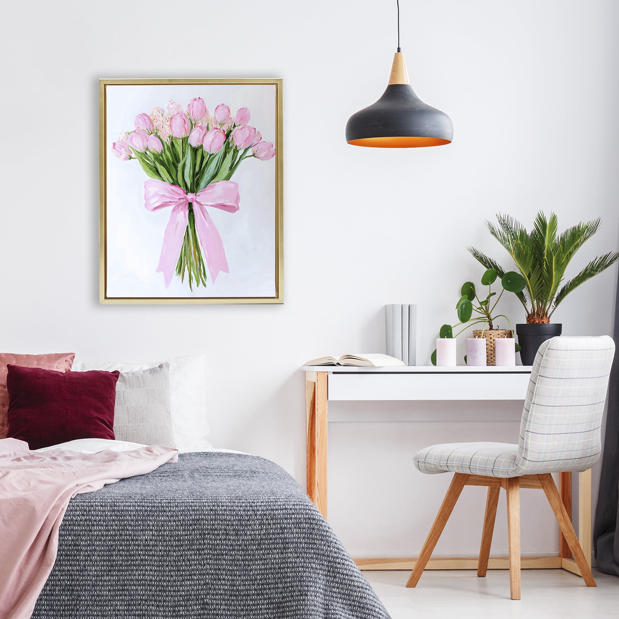 Stupell Industries Soft Pink Tulips with Ribbon Gold Framed Floater Canvas Wall Art, design by The Prints Vibe