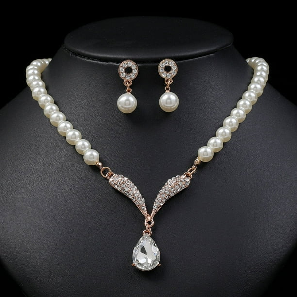 Color dorado (principalmente hacia la imagen principal) Pendientes de collar de perlas personalizados conjunto de accesorios de vestido de novia chapados en aleación de temperamento de moda para mujer JM