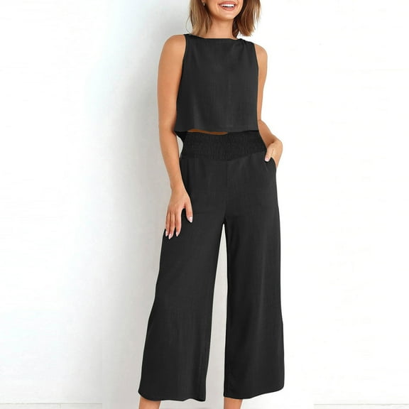 Meichang Women 2 Piece Outfits Summer Casual Sleeveless Tops and Smocked Waisted Wide Leg Pants Lounge Matching Sets Solid Outfits with Pockets
