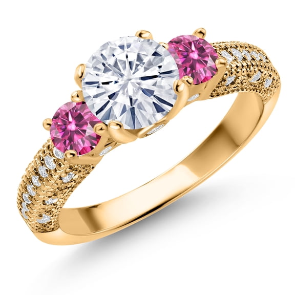Gem Stone King 18K Yellow Gold Plated Silver White Moissanite and Pink Moissanite Engagement Ring for Women (1.74 Cttw, Gemstone, Round 7MM and 4MM, Size 9)