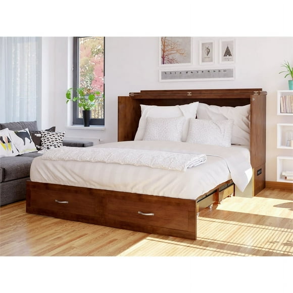 AFI Hamilton Queen Solid Wood Murphy Bed Chest with Mattress in Walnut