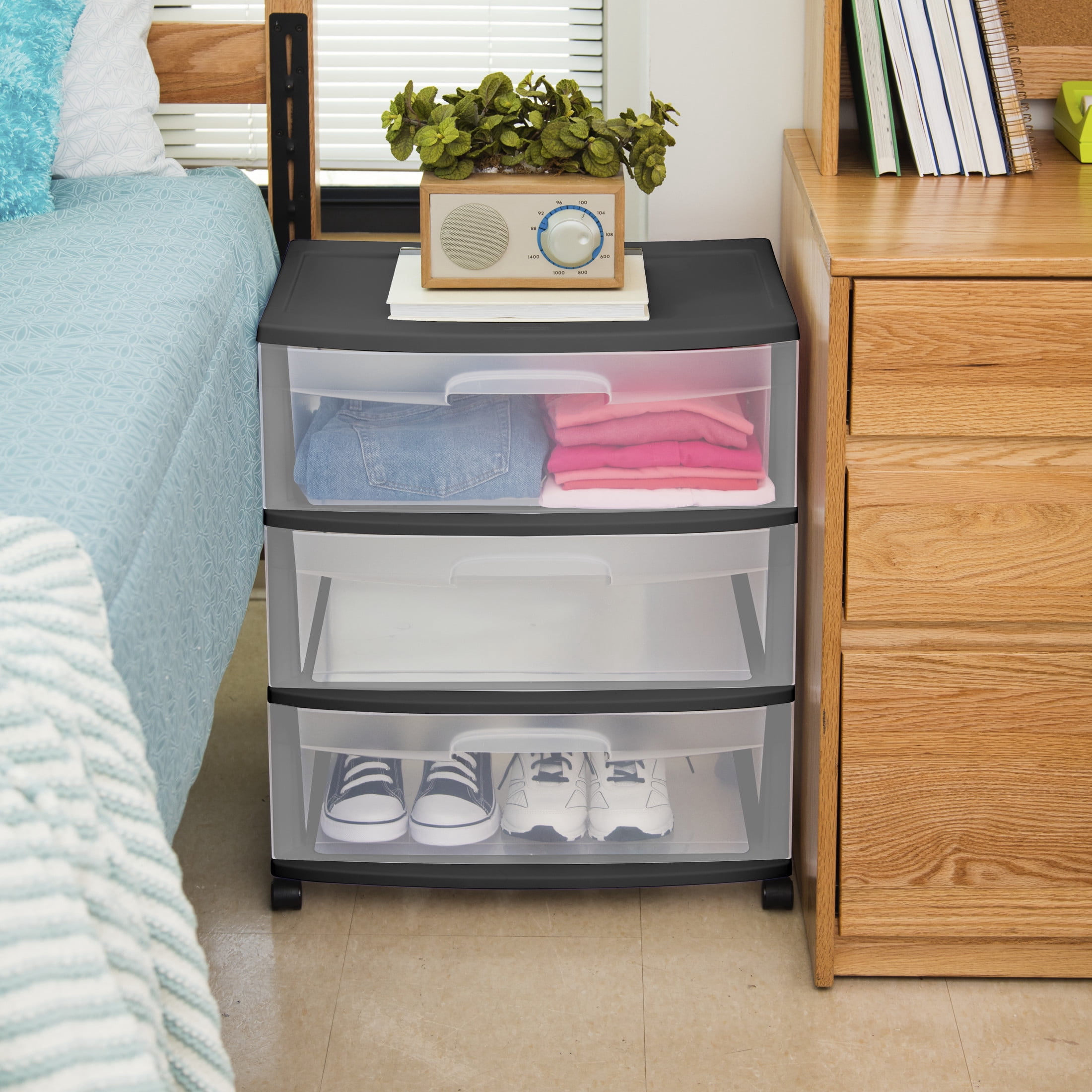Sterilite 3 Drawer Wide Cart, Clear Plastic Storage Drawers, Wheels Included, Black