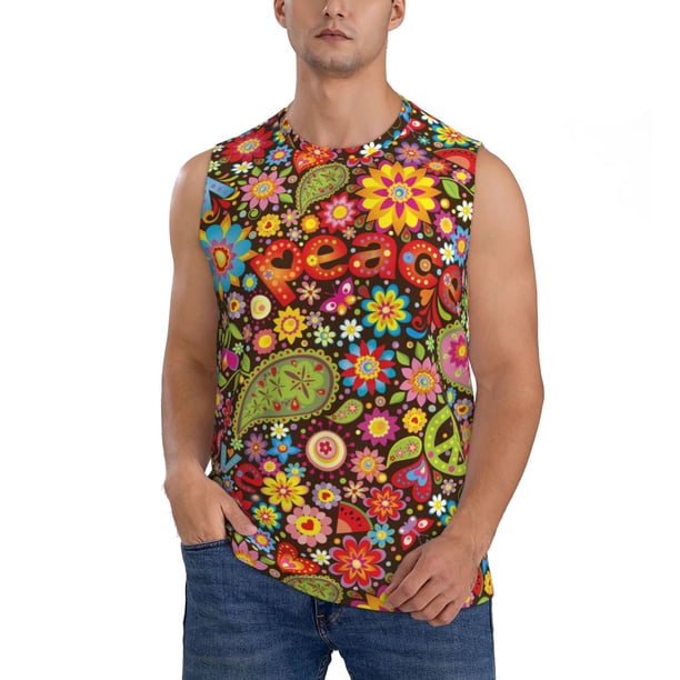 Balery Hippie Peace Love Camisetas sin mangas para hombre, absorbe la humedad y protege contra el mal olor.-Large