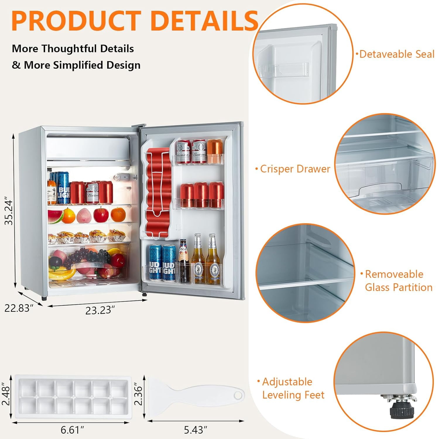 4.3 Cu. Ft Mini Fridge with Freezer - Space-Saving Design, Adjustable Temperature, Organized Storage, Crisper Drawer, Removable Glass Shelves, Ideal for Compact Spaces, Grey