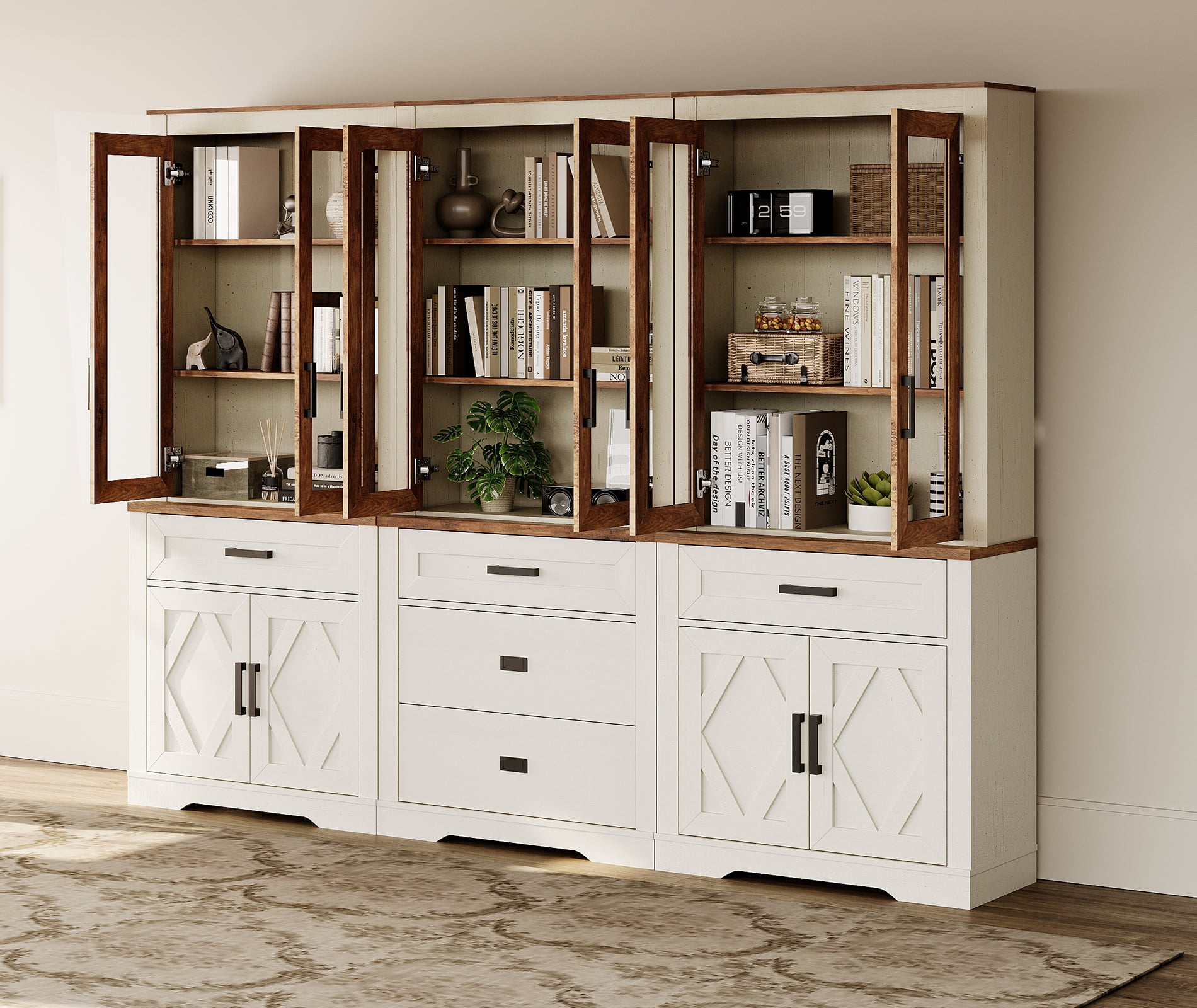WAMPAT 3 Column Bookcase with Drawer,73.3" Tall Floor Standing Bookshelf,Modern Farmhouse Display Storage Cabinet with Adjustable Shelves,Oak