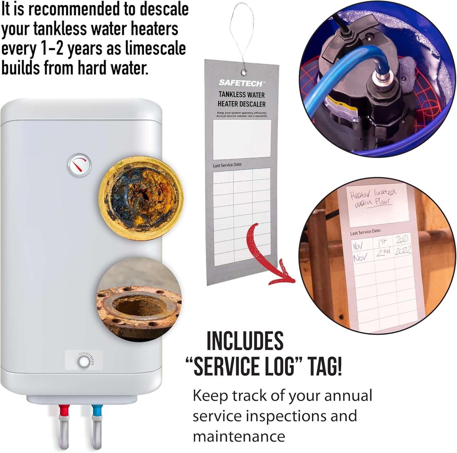 Safetech Tankless Water Heater Flushing Kit, 1/6 HP Utility Pump with Screw-Top Lid Bucket, Premium Braided Hoses & Quart Descaler Solution