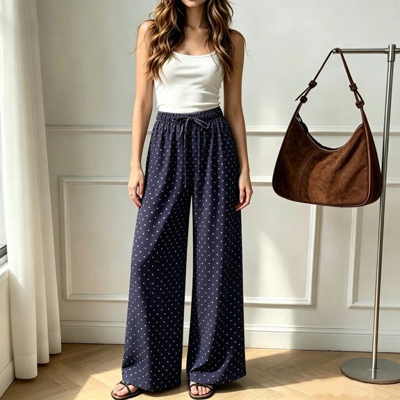 Women's Drawstring Loose Fit Wide Leg Pants High Waist Polka Dot Printed Casual Trousers with Side Pockets L