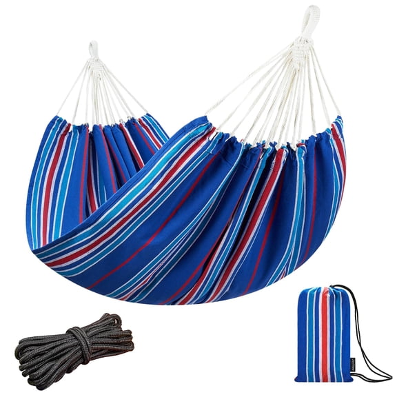 Hamaca Doble Brasileña JoyView 220x150cm con Rayas Azules, Capacidad 204kg