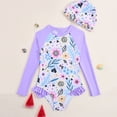 thumbnail image 4 of lnmuld Kids Swimsuits Long Sleeve Swimsuit Set Floral Gradient Scale Print Detachable Ruffle Skirt Matching Swim Cap Color:Purple,Size:3-4 Years, 4 of 9