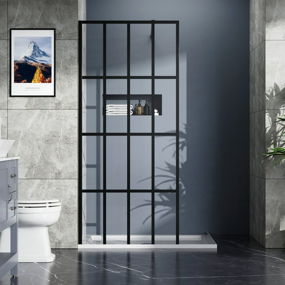 Goodyo 34" X 72" Shower Door Clear Tempered Glass Framed Shower Screen Walk-in Black Finish