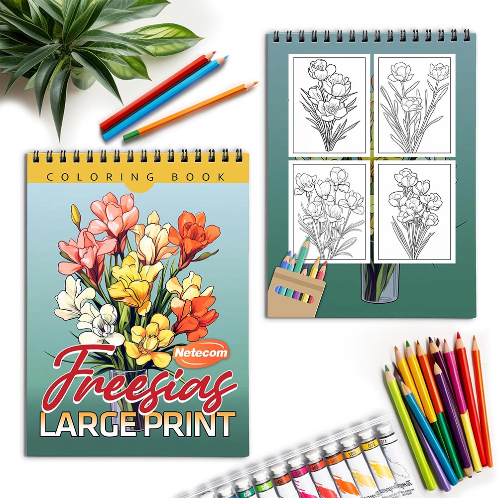 Netecom Large Print Freesias Coloring Book for Adults, Spiral Bound, Soft Cover