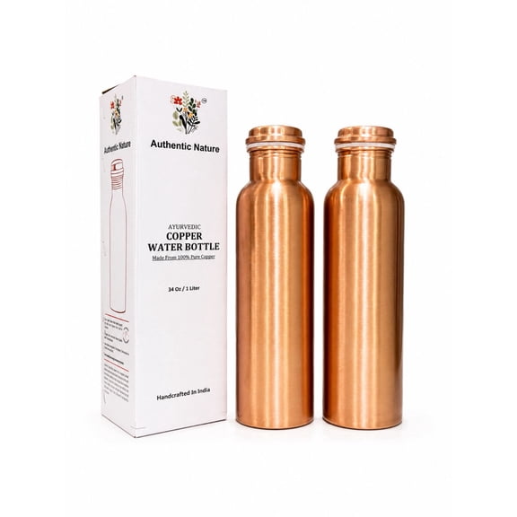 Authentic Nature Ayurvedic Copper Water Bottle, Pure Copper, 1 Litre/34 Oz, Plain, With Health Benefits, Handcrafted in India (Pack of 2 Bottles)