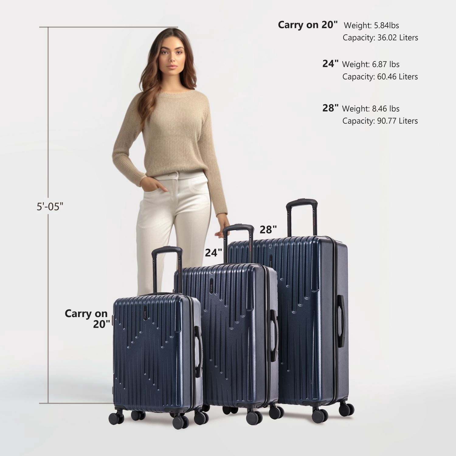 InUSA DRIP 3-Piece Hardside Luggage Sets with Spinner Wheels, Handle and Trolley, (20"/24"/28"), Navy Blue