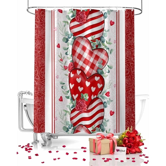 Valentines Day Red Shower Curtains for Bathroom Heart Fabric Shower Curtain with Hooks, Eucalyptus Leaves Shower Curtain Set, Romantic Bathroom Curtains Decoration, Waterproof Polyester, 72"x84" Long