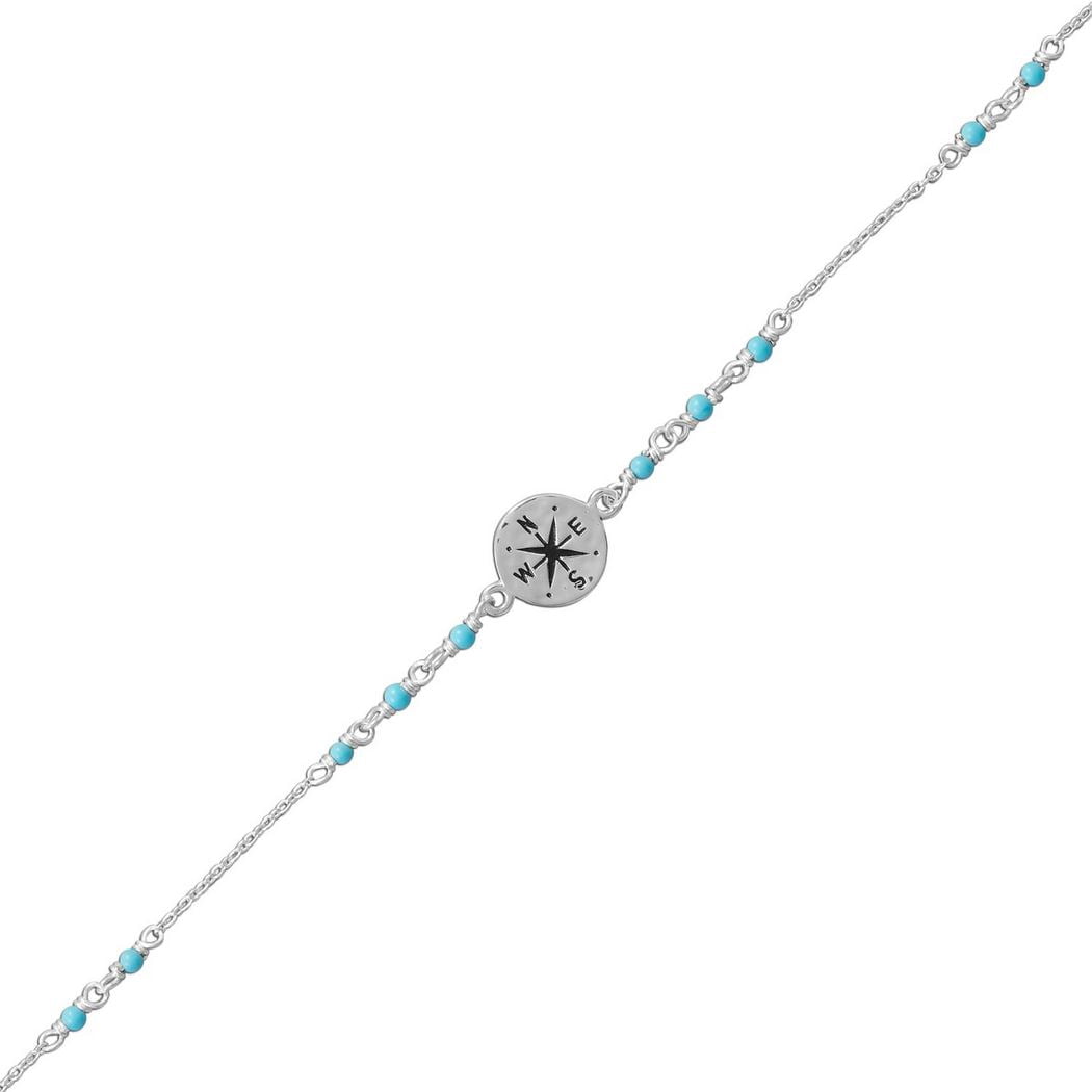 925 Sterling Silver 9.25 Inch + .75 Inch Blue-Beaded Anklet With Compass Charm 9.25+.75 Inch 2mm Blue-Re Anklet for Wome